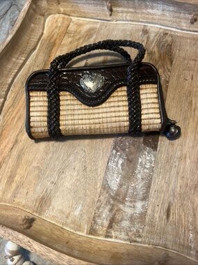 Braided Dark Brown Leather & Natural Straw Wristlet Clutch